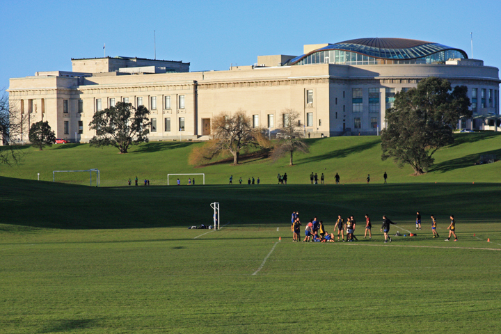 Sports pitches at the Auckland Domain with the Auckland War Memorial Museum in the backdrop