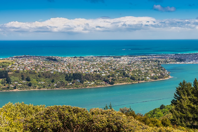 Views towards the city, the Otago Harbour and the Pacific Ocean from the lookout at the Centennial Memorial on Signal Hill Dunedin Otago South Island New Zealand