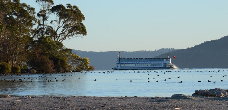 The Lakeland Queen seen from the shores of Lake Rotorua