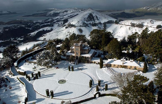 Larnach Castle covered in snow in winter