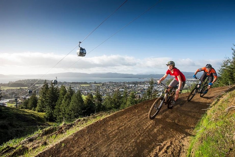 Mountain Bikers heading down the MTB Gravity Park from the Skyline Gondola, Rotorua