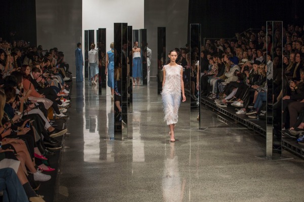 A model displaying Sean Kelly's work at New Zealand Fashion Week