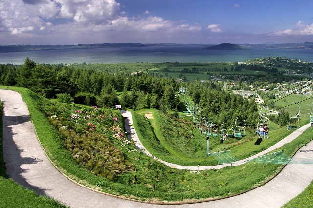 Image of the Skyline luge track in Rotorua with views over the city