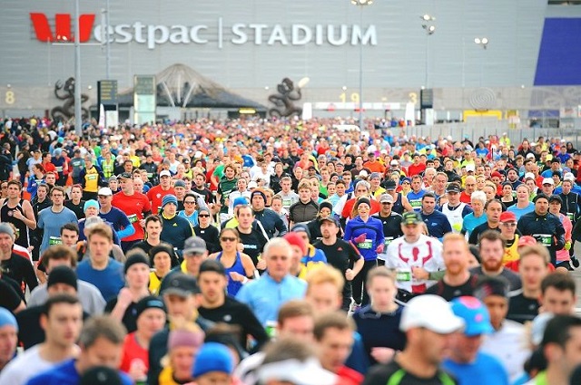 Image of runners setting off from Westpac Stadium for the Wellington Marathon