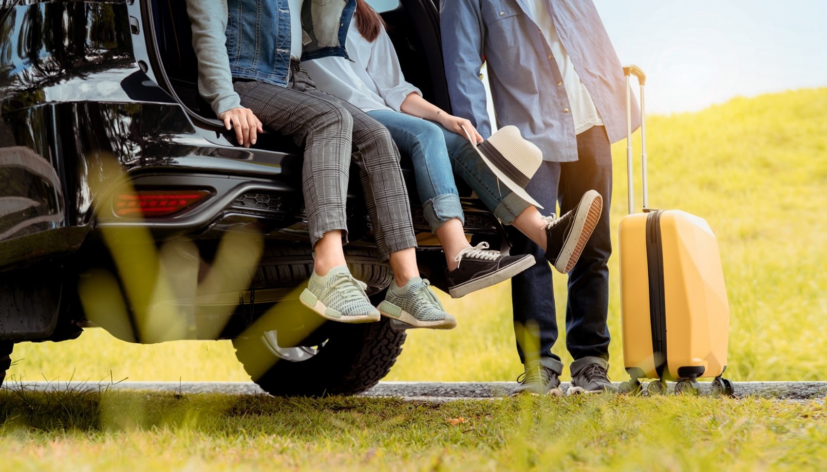 Happy group of friends sitting at the boot of the car, travelling in New Zealand during summer